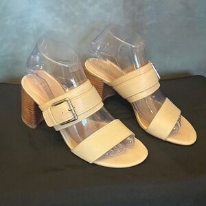 Lauren Ralph Lauren Carie II Nude Leather Block Heel Buckle‎ Sandals Womens 7